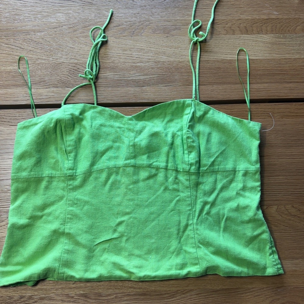 Lime Green Linen Blend Tie Strap Smocked Back Sweetheart Camisole Crop Top XL